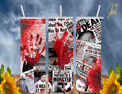 HORROR/THRILLER Serial Killers 20 Oz Tumbler with 2 Straws, 1 Lid and Straw Cleaner. FREE SHIPPING. Stainless Steel. Sublimation Tumbler Cup.