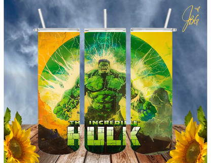 Incredible HULK 20 Oz Tumbler with 1 Lid, 2 Straws and 1 Straw Cleaner. FREE SHIPPING. Stainless Steel. Sublimation Tumbler Cup.