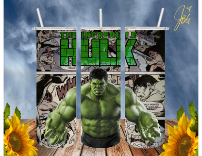 Incredible HULK 20 Oz Tumbler with 1 Lid, 2 Straws and 1 Straw Cleaner. FREE SHIPPING. Stainless Steel. Sublimation Tumbler Cup.